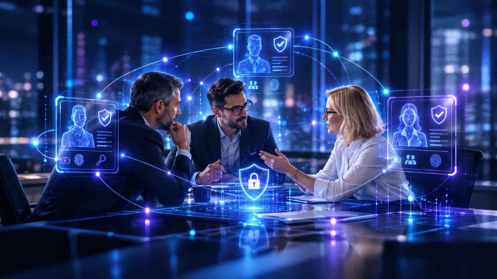 Colleagues collaborating around a table with holographic identity verification panels and a security shield, representing human identities