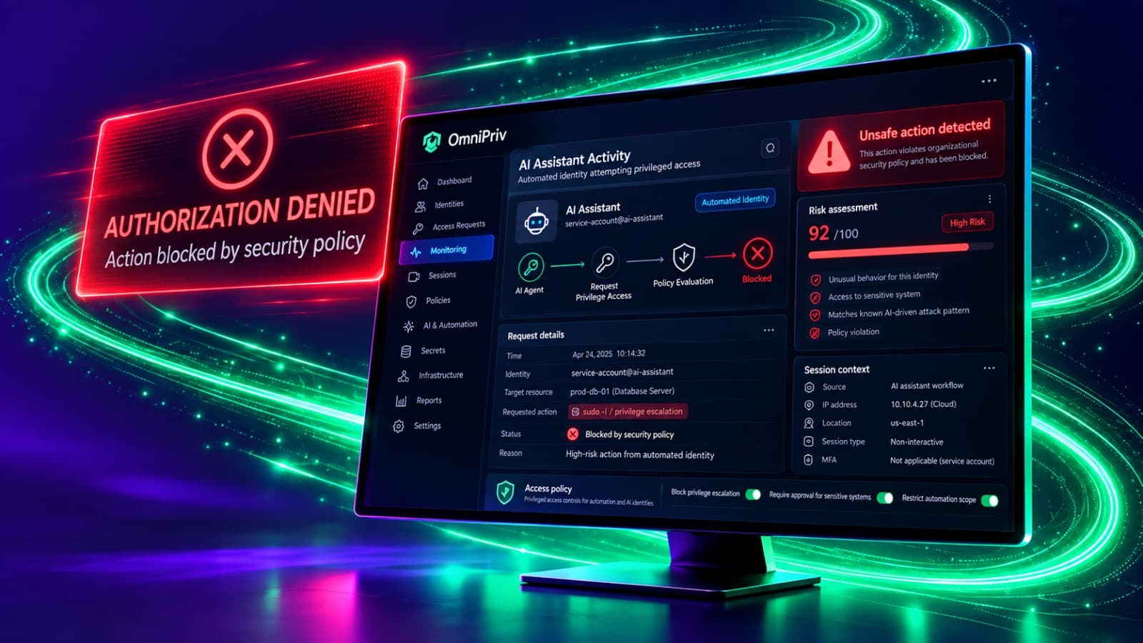 OmniPriv AI threat protection console denying a privileged access request from an AI assistant identity after policy evaluation flagged it high risk