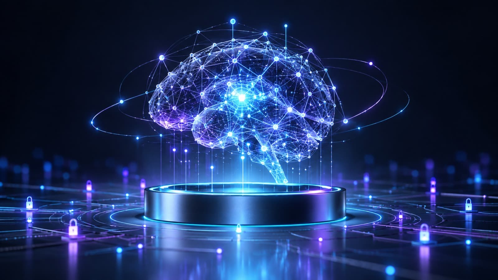 Neural network brain above a lit platform ringed by security padlocks, representing AI agents accessing privileged enterprise systems