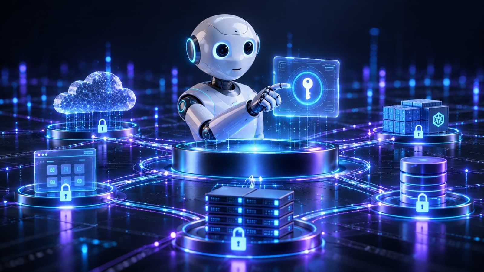 Robot presenting a holographic key panel, surrounded by padlocked platforms representing cloud, server, database and application identities